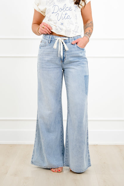Judy Blue High Rise Light Wash Elastic Waistband Featherweight Palazzo Jeans with Shadow Pockets