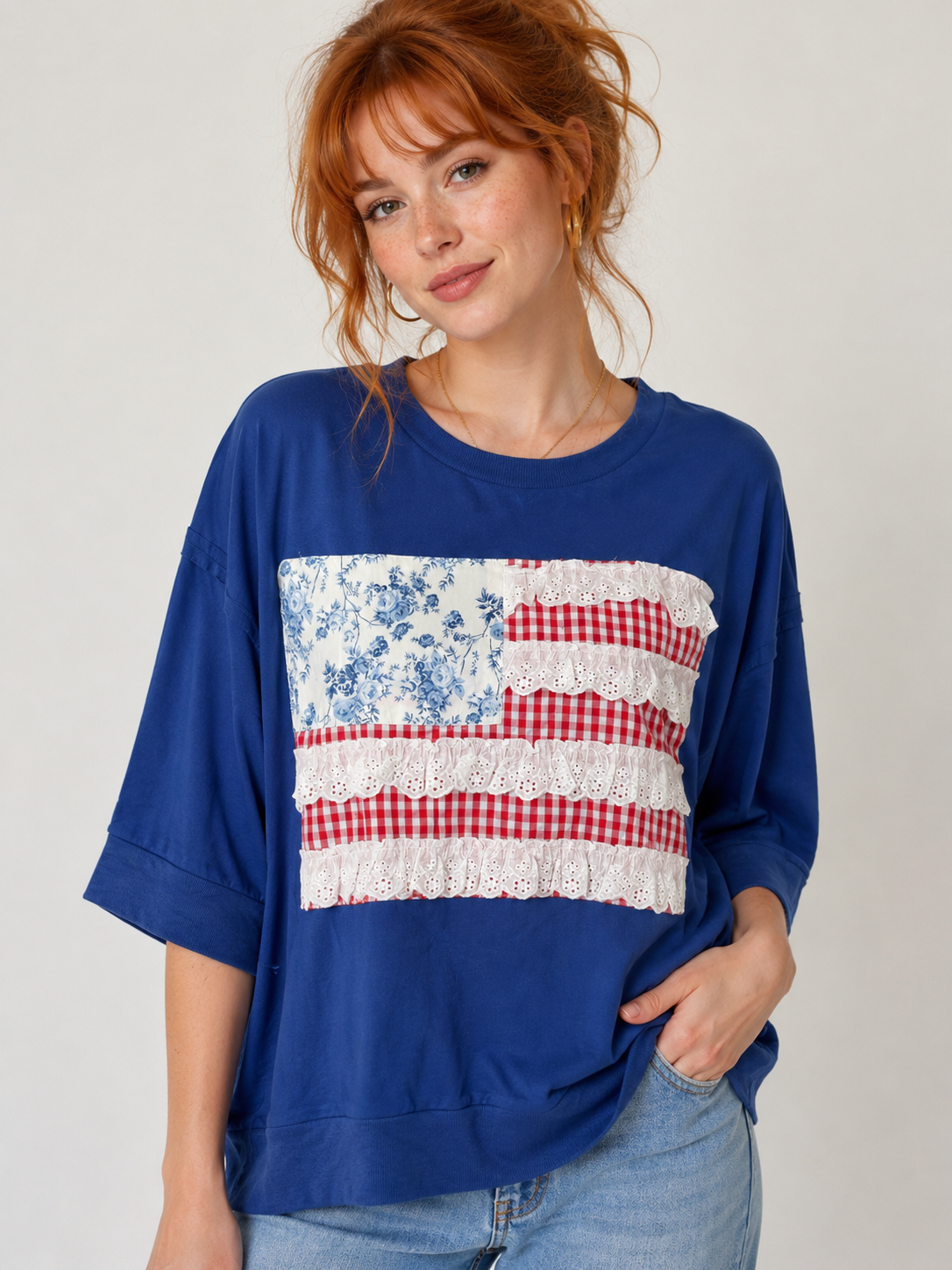 BiBi Americana Patched Front French Terry Top in Navy