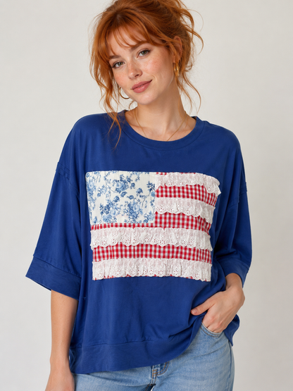 BiBi Americana Patched Front French Terry Top in Navy