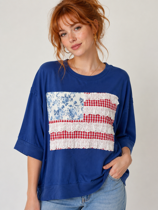 BiBi Americana Patched Front French Terry Top in Navy