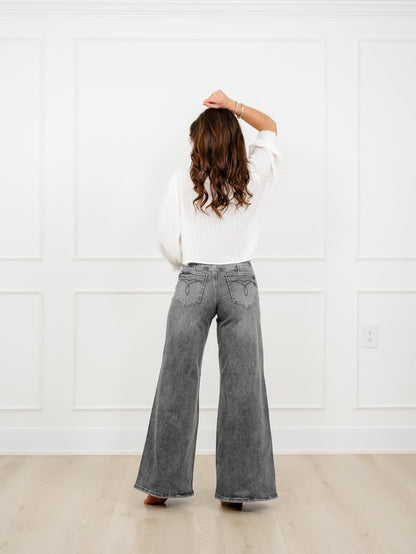 Judy Blue Stormy Days Mid Rise Gray Palazzo Jeans with Split Back Yokes