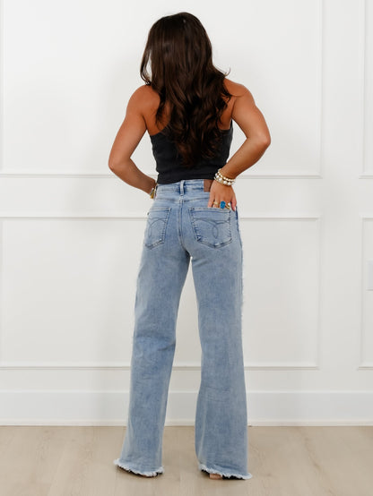 Judy Blue High Rise Light Wash Retro Wide Leg Jeans with Raw Twisted Outseam
