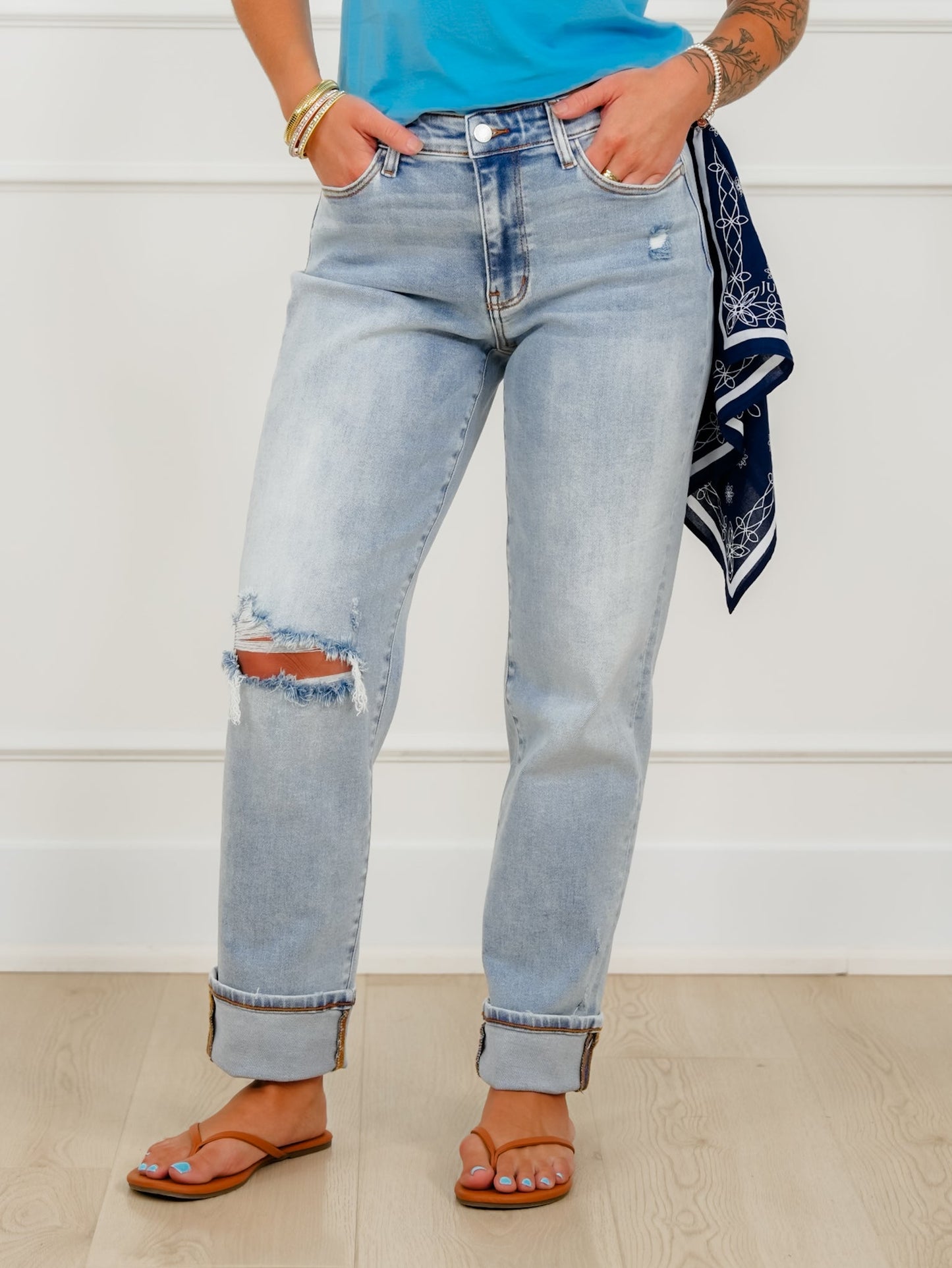 Judy Blue Mid Rise Light Wash Distressed Boyfriend Jeans With Bandana Loop