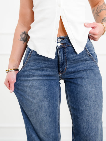 Restock! Judy Blue Anytime Anyplace Medium Wash High Waisted Double Button Wide Leg Jeans