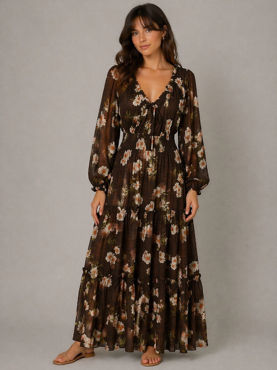 Davi & Dani Boho Floral Print Dress in Brown