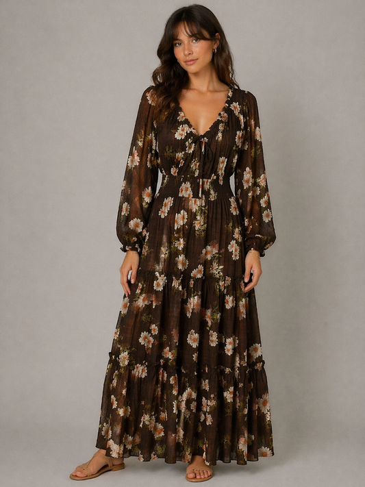 Davi & Dani Boho Floral Print Dress in Brown