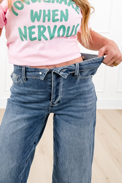 Judy Blue Catching Feelings Mid Rise Medium Wash Straight Leg Jeans with Folded Over Waistband