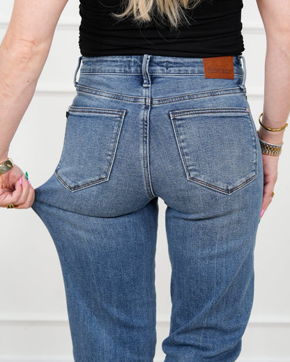 Restock! Judy Blue ALEX'S FAVE Mid Rise Medium Wash Button Fly Rigid Magic Slim Straight Leg Jeans