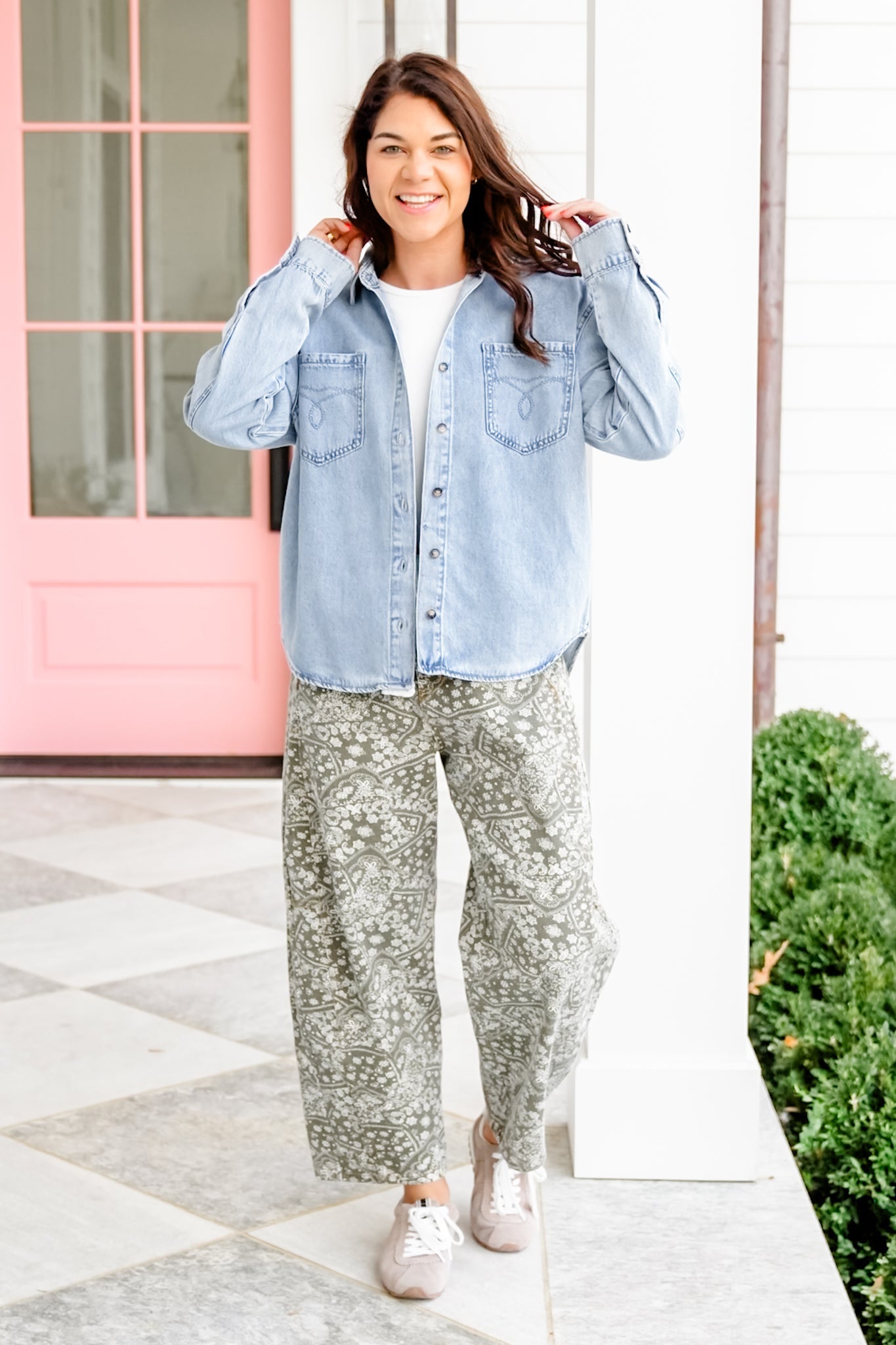 Plus/Reg Judy Blue Light Wash Long Sleeve Button Down Top