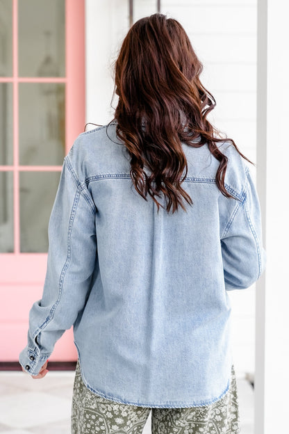 Plus/Reg Judy Blue Light Wash Long Sleeve Button Down Top