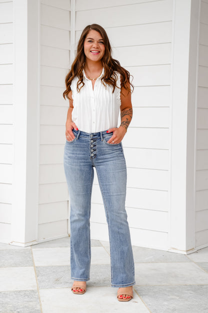 Restock! Judy Blue Dreaming About You Medium Wash Mid Rise Vintage Button-Fly Bootcut Jeans