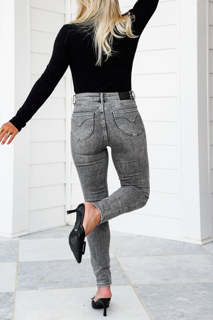 Judy Blue Smoke Show Mid Rise Grey Tummy Control Skinny Jeans with Shield Pockets