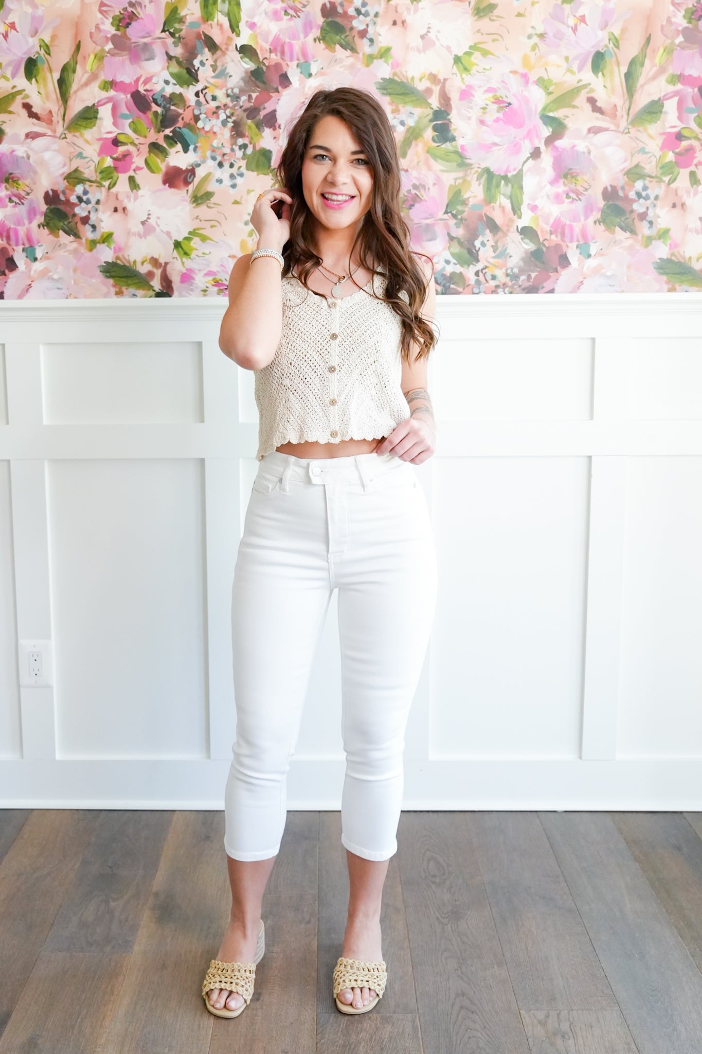 Judy Blue High Rise White Tummy Control Capri with Extended Waistband