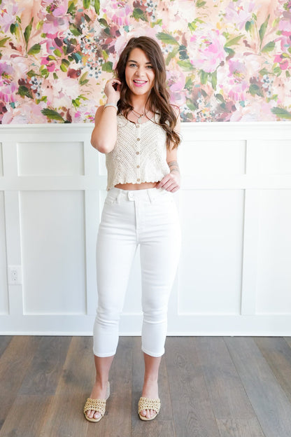 Judy Blue High Rise White Tummy Control Capri with Extended Waistband