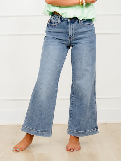 Judy Blue Mid Rise Medium Wash Ankle Wide Leg Jeans with Back Darts and Bandana Loop