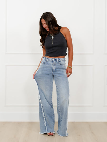 Judy Blue High Rise Light Wash Retro Wide Leg Jeans with Raw Twisted Outseam