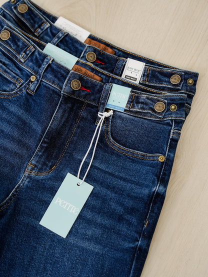 Judy Blue The Levi High Rise Dark Wash Petite/Reg Retro Wide Leg Jeans with Adjustable Waistband Tabs