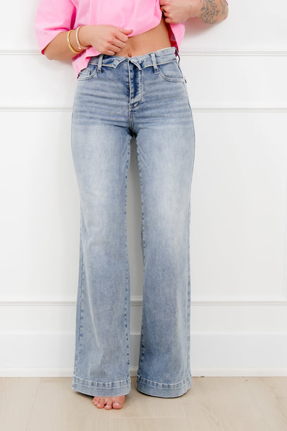 Judy Blue Mid Rise Light Wash Retro Wide Leg Jeans with Fold Over Waistband