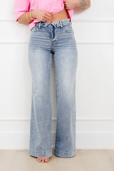 Judy Blue Mid Rise Light Wash Retro Wide Leg Jeans with Fold Over Waistband
