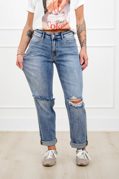 Judy Blue Mid Rise Medium Wash Distressed Boyfriend Jeans with Cuff