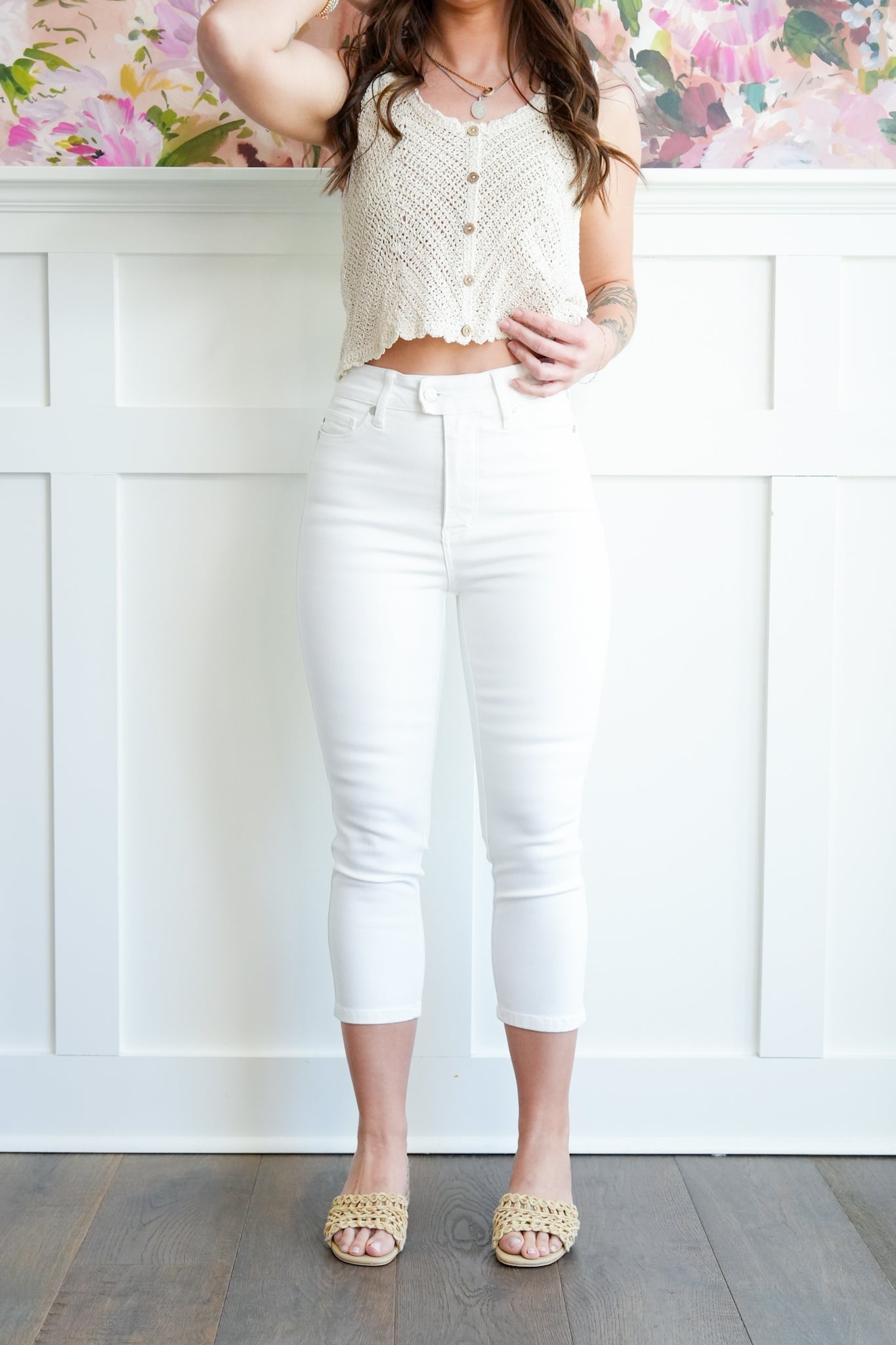 Judy Blue High Rise White Tummy Control Capri with Extended Waistband