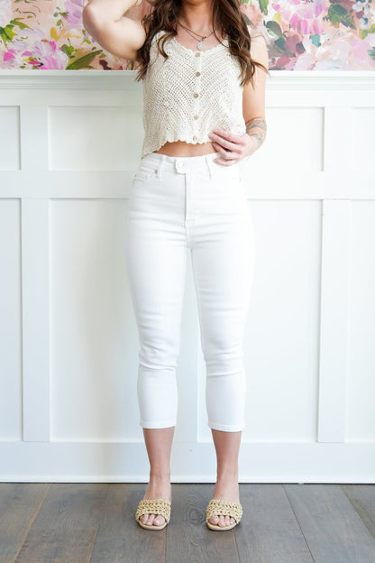 Judy Blue High Rise White Tummy Control Capri with Extended Waistband