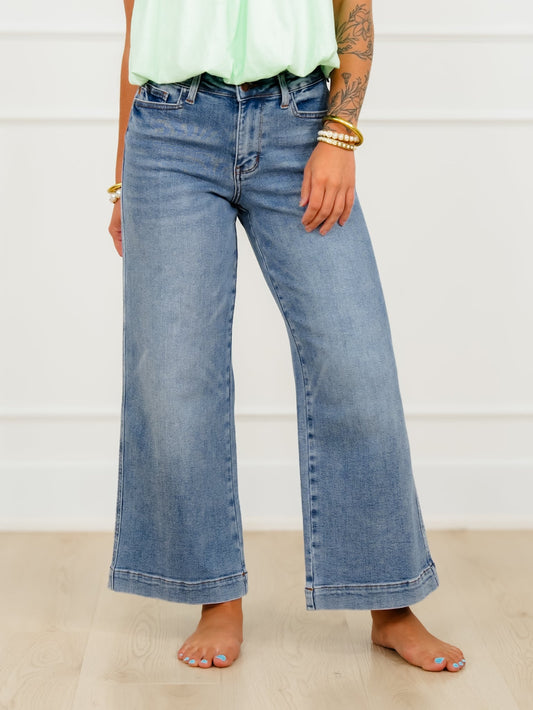 Judy Blue Mid Rise Medium Wash Ankle Wide Leg Jeans with Back Darts and Bandana Loop