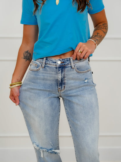Judy Blue Mid Rise Light Wash Distressed Boyfriend Jeans With Bandana Loop