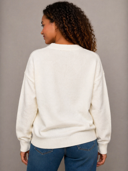 BiBi Knit Sweater with Christmas Plaid Bow Front in Ivory
