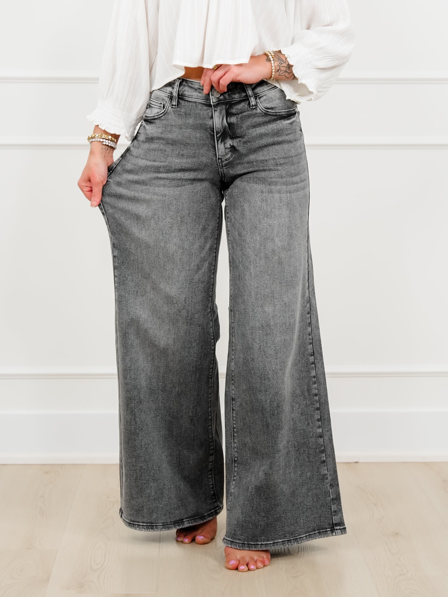 Judy Blue Stormy Days Mid Rise Gray Palazzo Jeans with Split Back Yokes