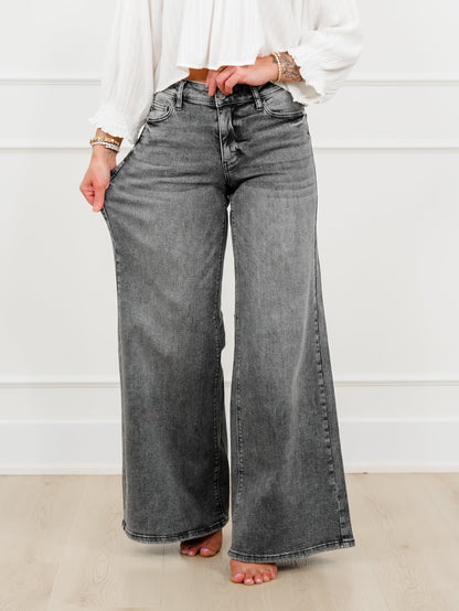 Judy Blue Stormy Days Mid Rise Gray Palazzo Jeans with Split Back Yokes