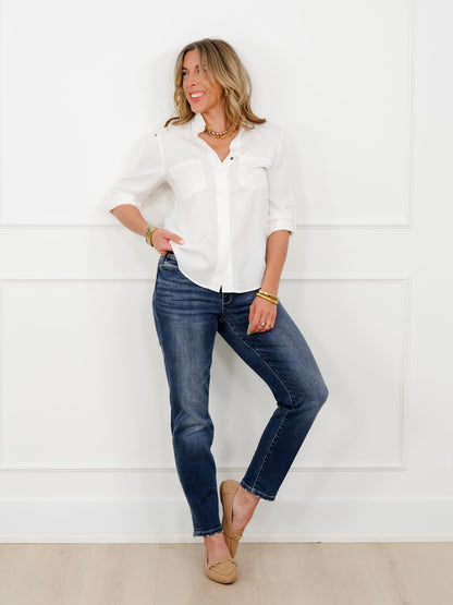 Restock! Judy Blue My Favorite Boyfriend Mid-Rise Dark Wash Non Distressed Cuffed Boyfriend Jeans