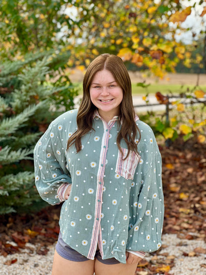 Easel Floral Print Button Down Top in Sage FINAL SALE