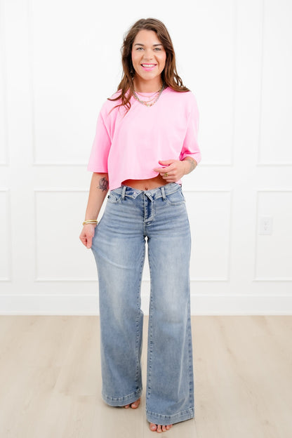 Judy Blue Mid Rise Light Wash Retro Wide Leg Jeans with Fold Over Waistband