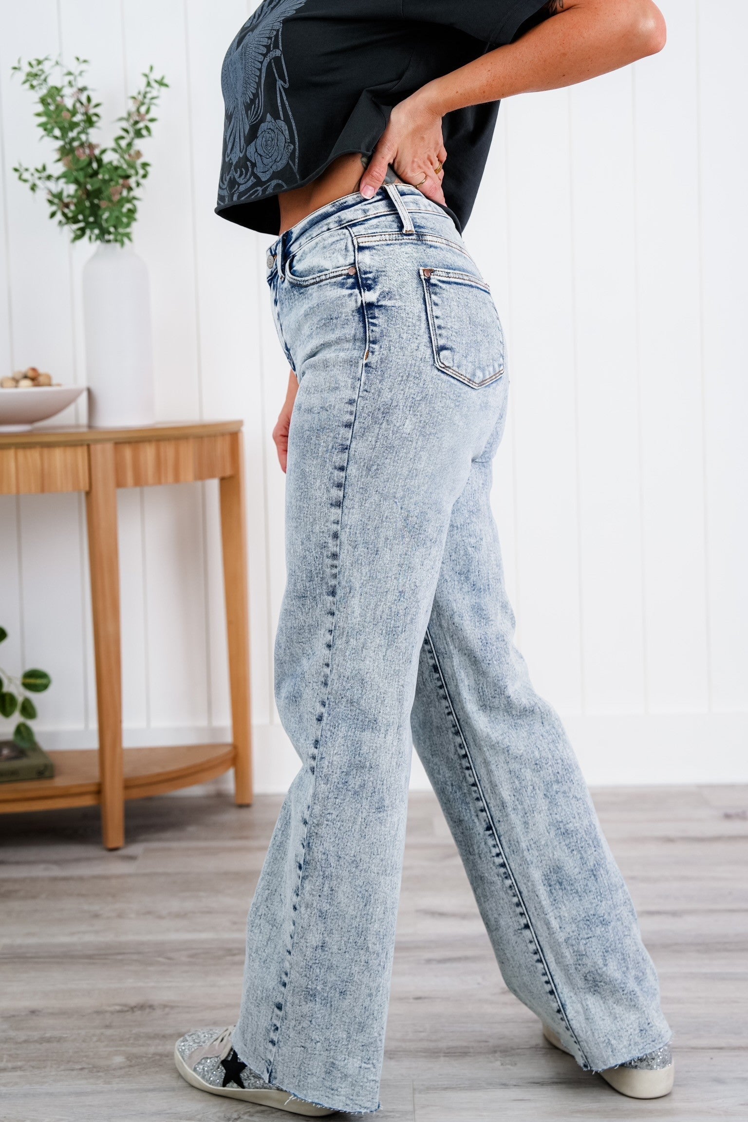 Judy Blue  Bad Blood High Rise Light Mineral Wash Raw Hem Wide Leg Jeans