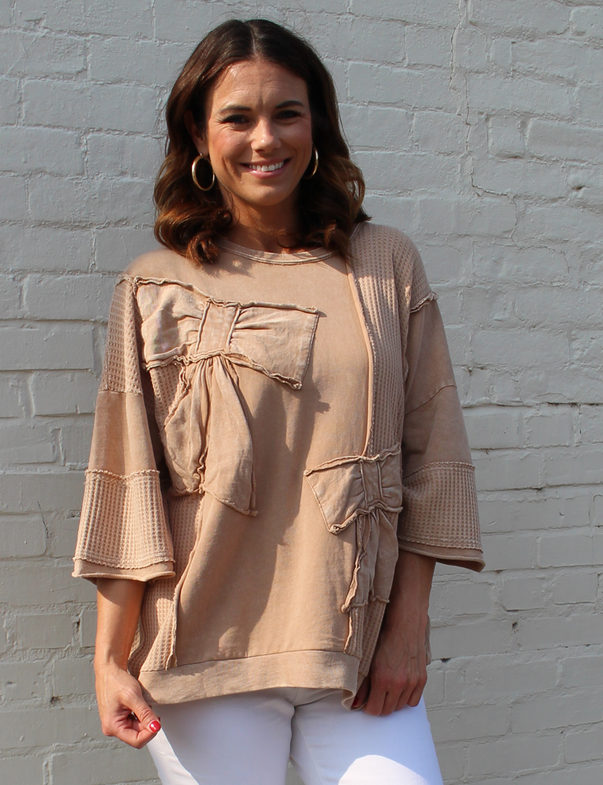 Easel OVERSIZED Top with Bow Patch Details in Latte