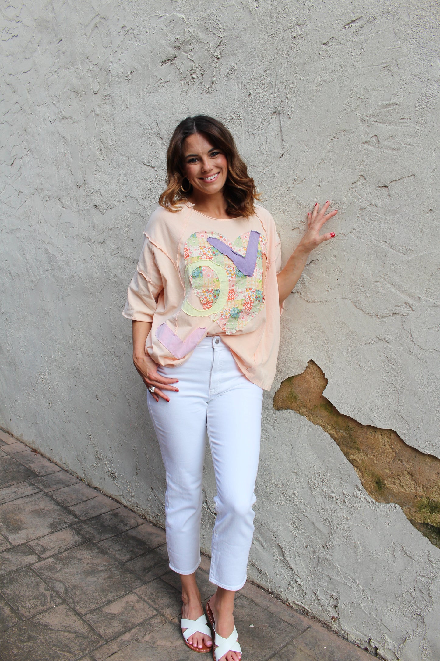 Easel OVERSIZED Heart and Love Patched Top in Peach