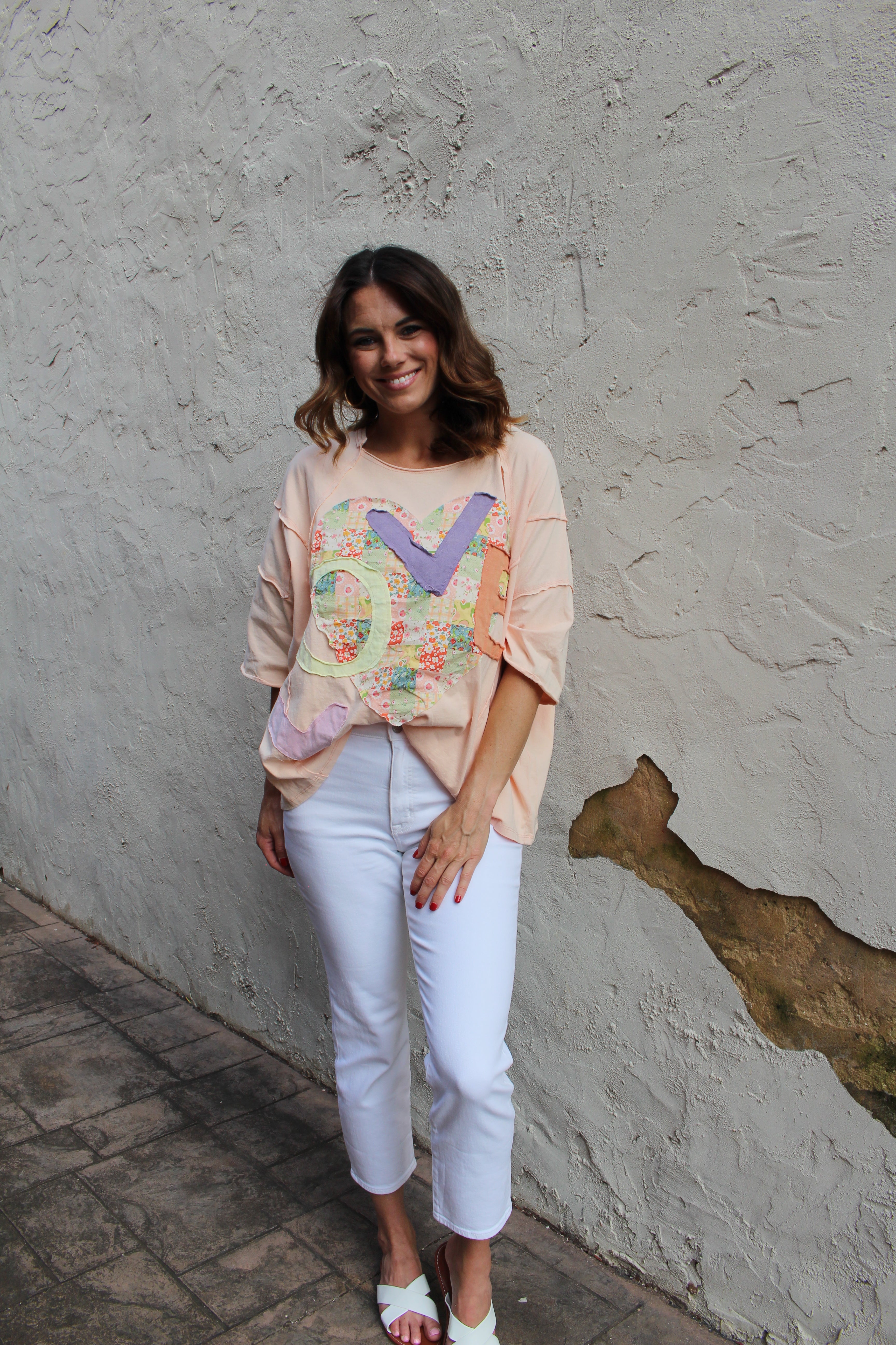 Easel OVERSIZED Heart and Love Patched Top in Peach
