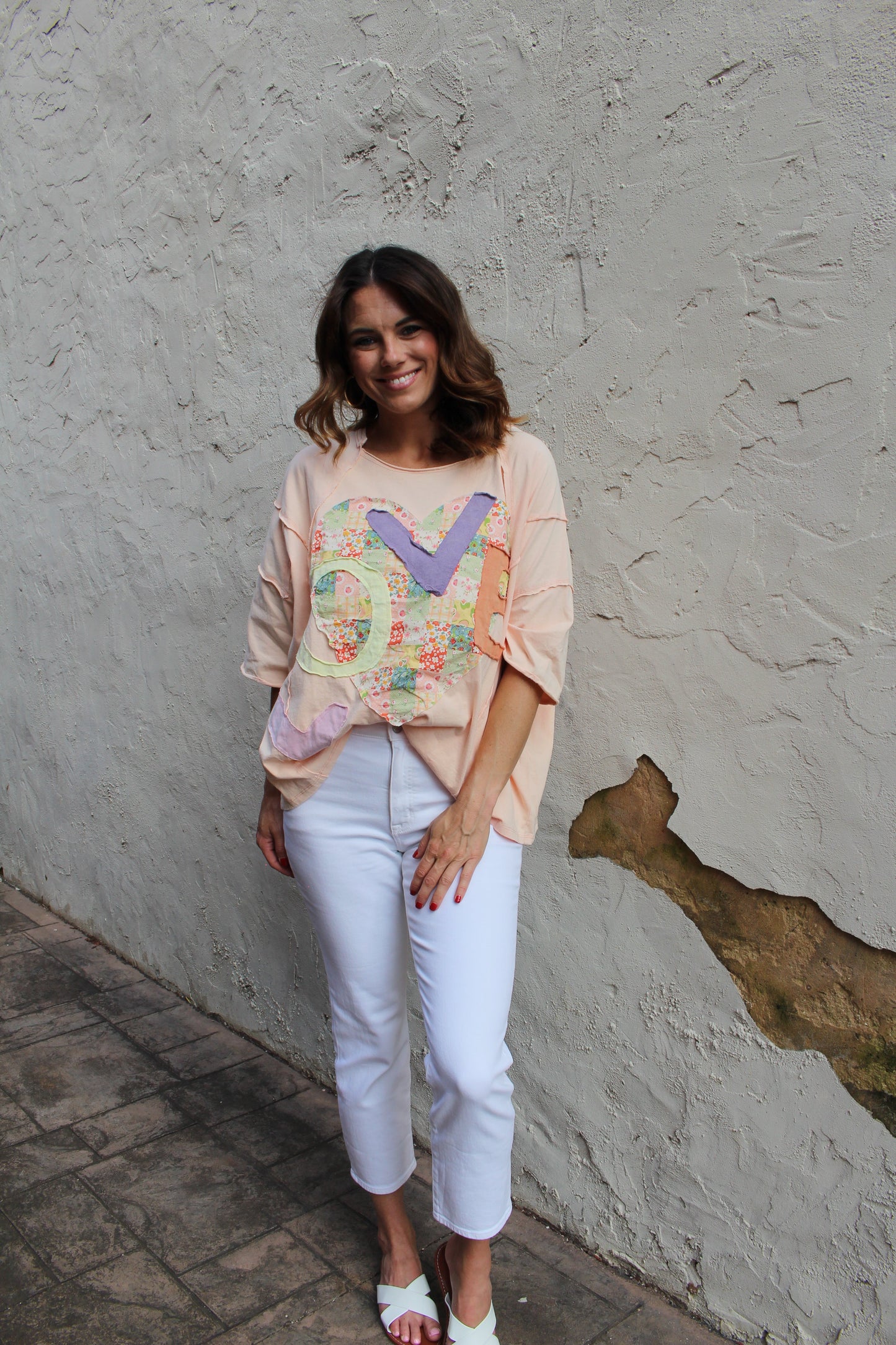 Easel OVERSIZED Heart and Love Patched Top in Peach