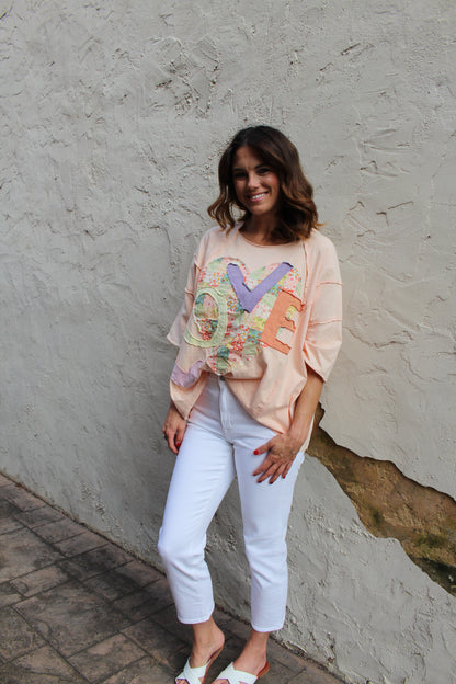Easel OVERSIZED Heart and Love Patched Top in Peach
