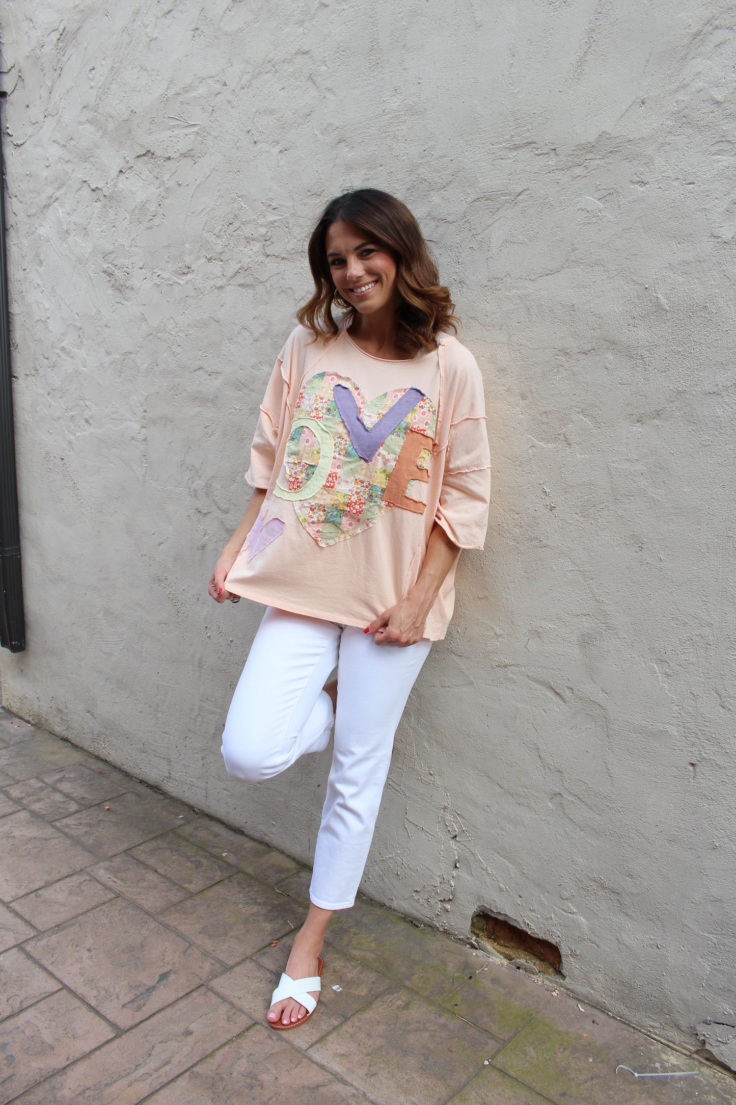 Easel OVERSIZED Heart and Love Patched Top in Peach