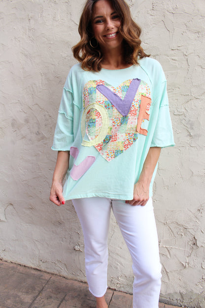 Easel OVERSIZED Heart and Love Patched Top in Mint Blue