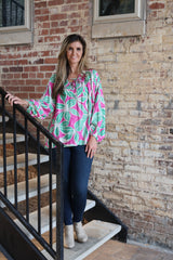 BiBi Bold Floral Print Exaggerated Balloon Sleeve Top in Fuchsia/Teal