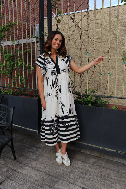 Umgee Two Toned Striped and Tropical Floral Print Midi Dress in Black