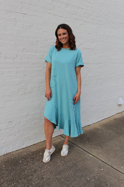 Easel Solid Color Knit Maxi Dress with Daisy Patches in Aqua Blue