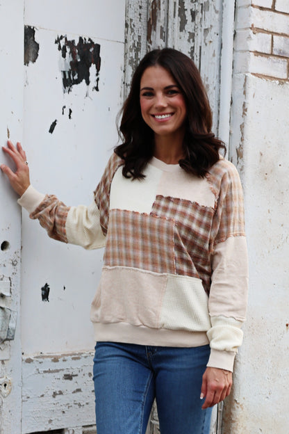 Easel Mix N Match Patchwork Pullover Top in Oatmeal