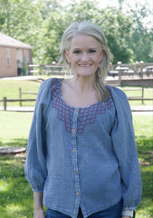 Easel Cotton Gauze Embroidered Top in Washed Denim