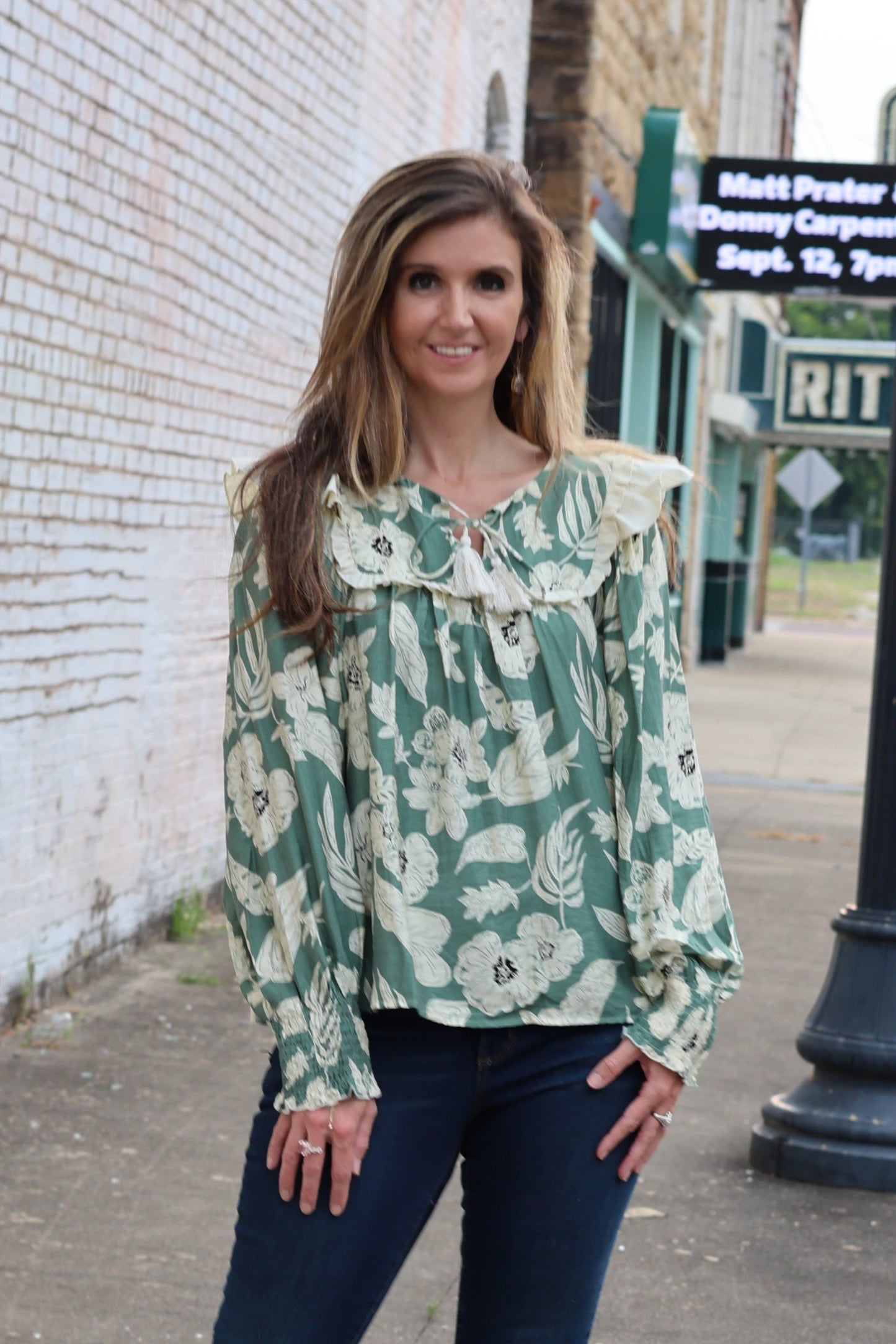 BiBi Mixed Floral Print Peasant Top in Olive