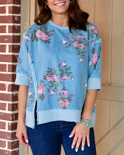 BiBi OVERSIZED Denim Floral Print Top in Denim
