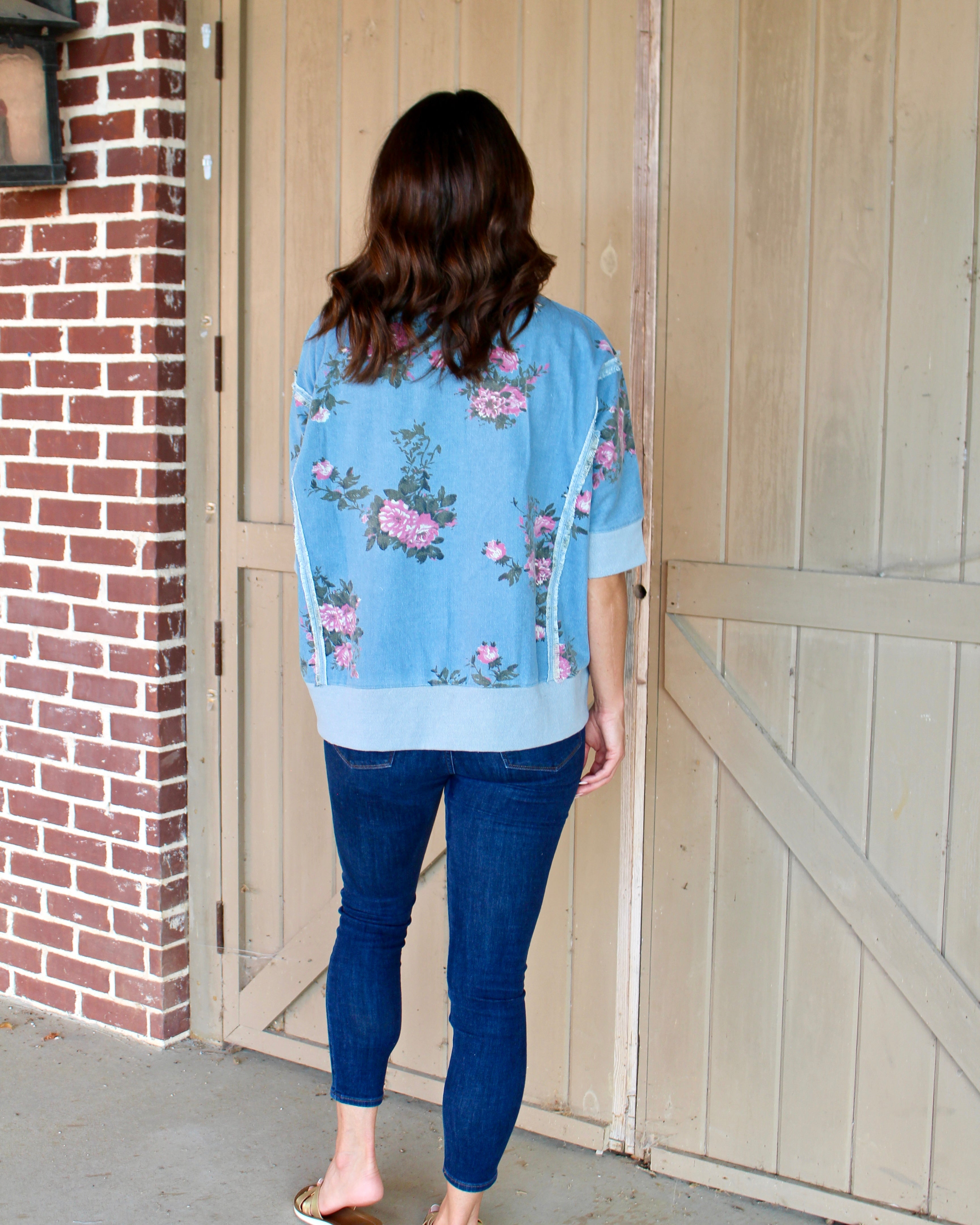 BiBi OVERSIZED Denim Floral Print Top in Denim